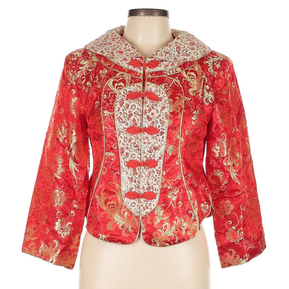 Huamei Red Brocade Jacket Traditional Chinese Gold Frog Closure Size 15 - Picture 14 of 15